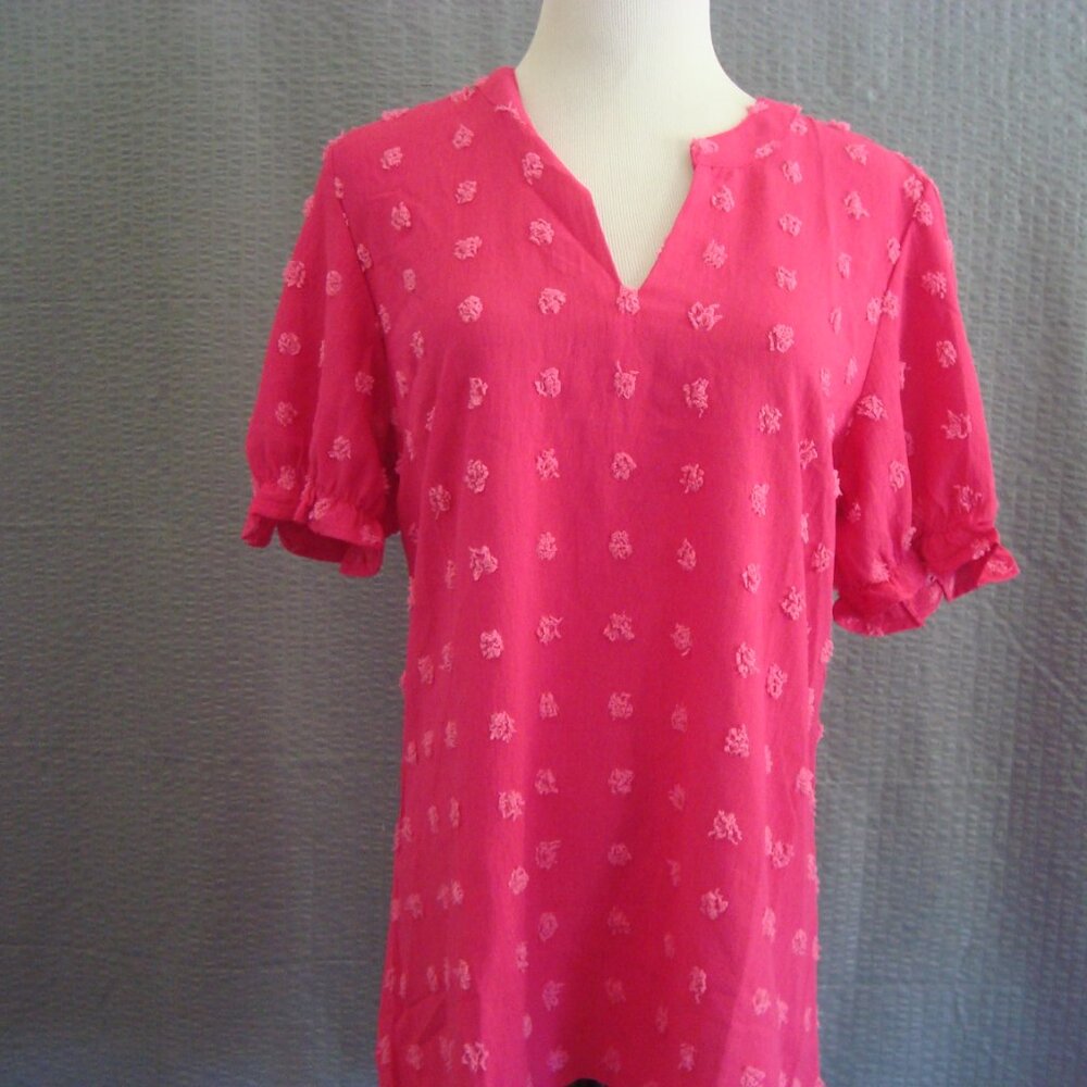 NWT Blooming Jelly Women' Puff Sleeve Top Chiffon Short Sleeve Blouse Pink sz L